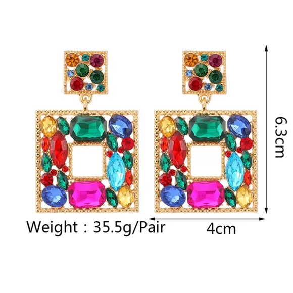 Multicolor Gemstone rhinestone Square Earrings - Picture 4 of 4